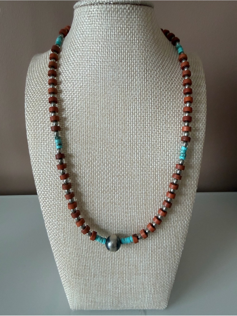 Hand-Strung Jasper, Turquoise and Navajo Pearl Necklace.